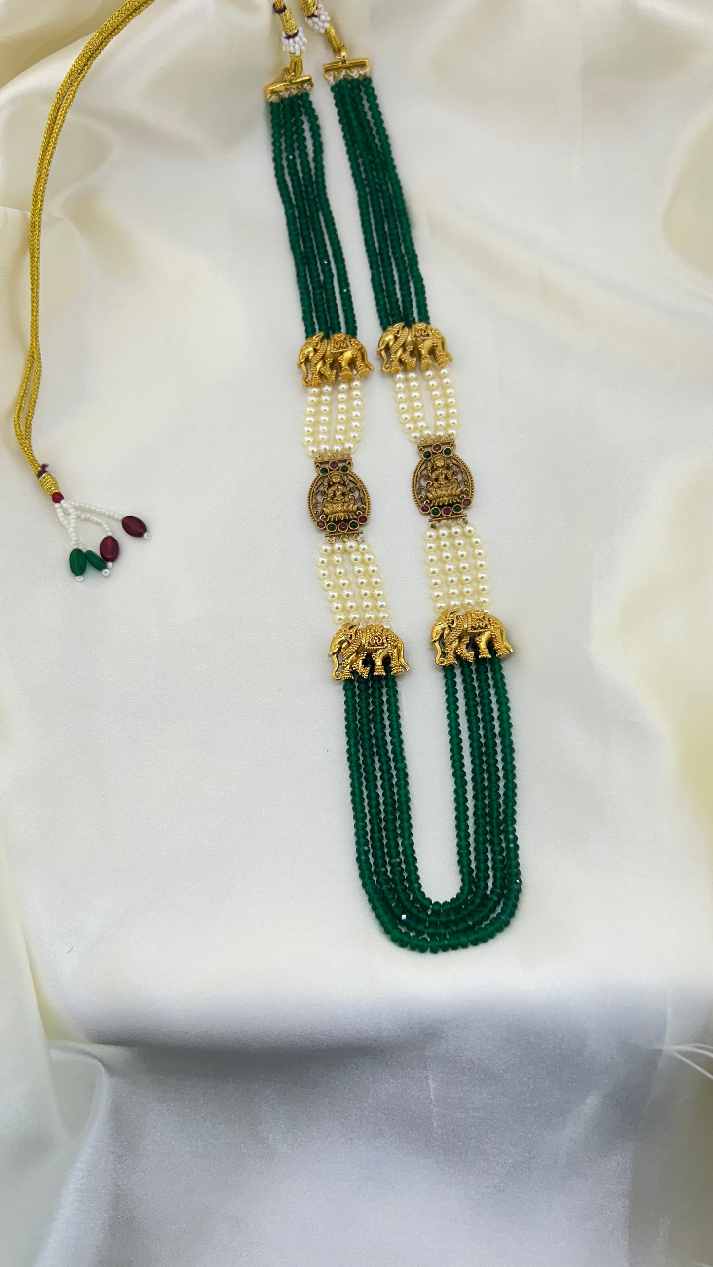 Beautiful Long necklace with green semiprecious beads and Elephant-Lakshmi mopes