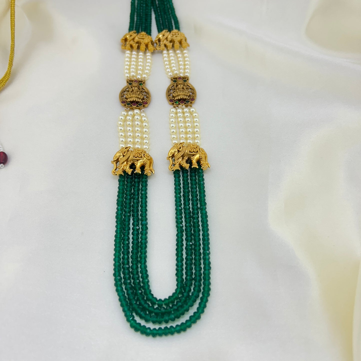 Beautiful Long necklace with green semiprecious beads and Elephant-Lakshmi mopes