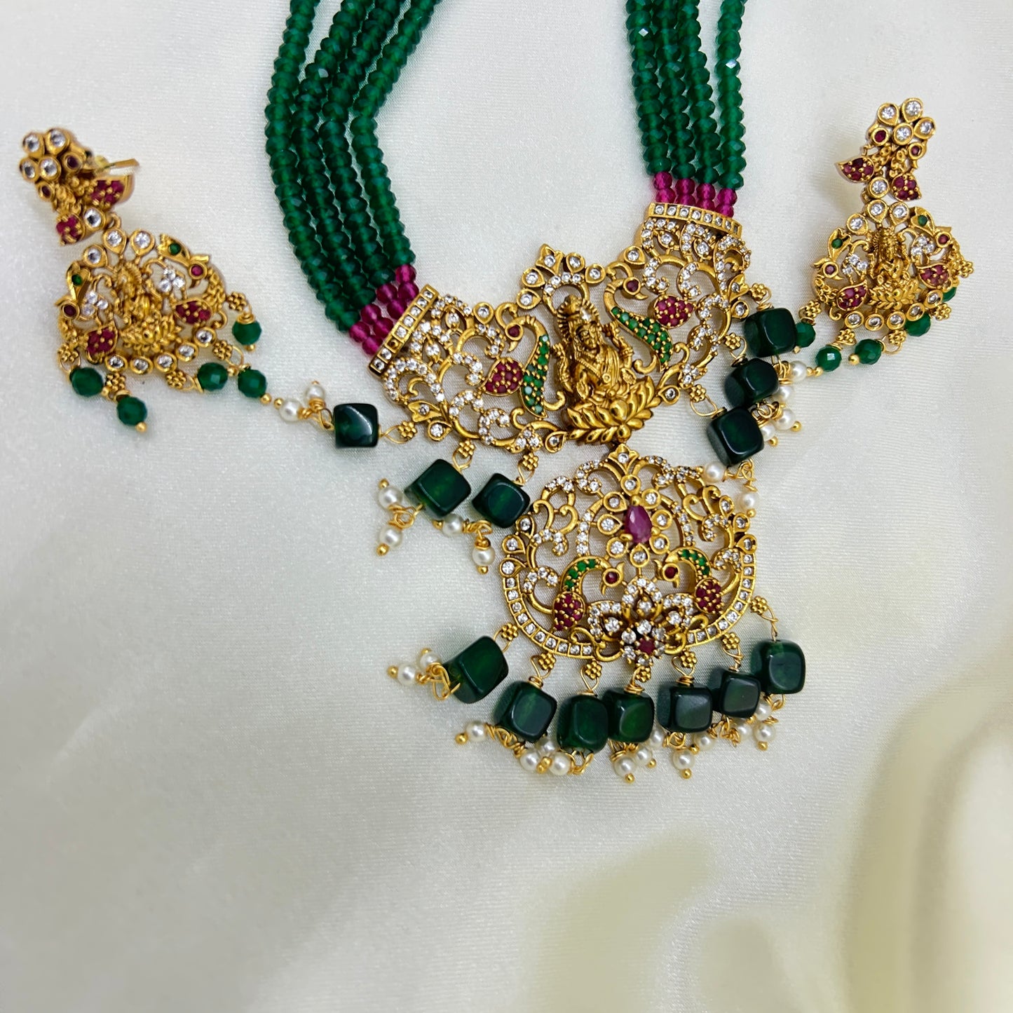 Royal Long necklace with green semiprecious beads and Lakshmi pendants with earrings - 2