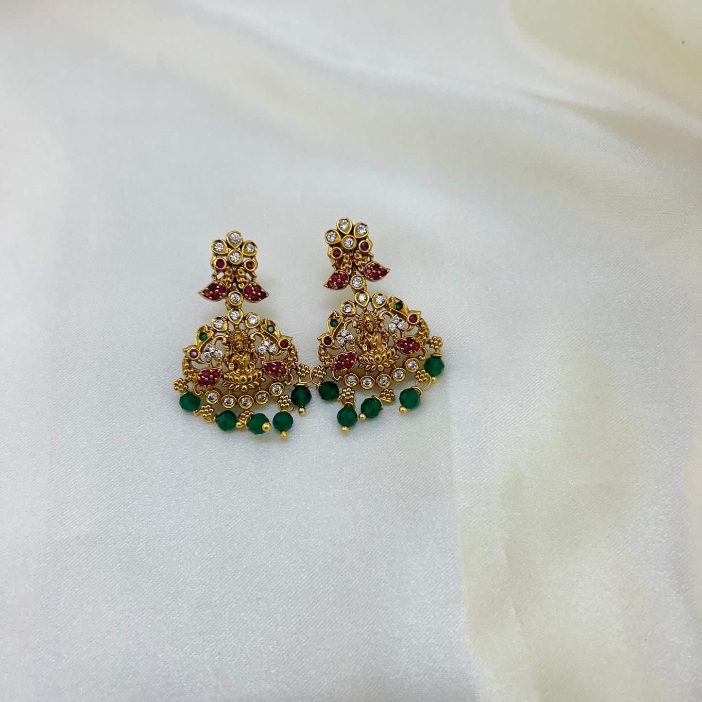 Royal Long necklace with green semiprecious beads and Lakshmi pendants with earrings - 2