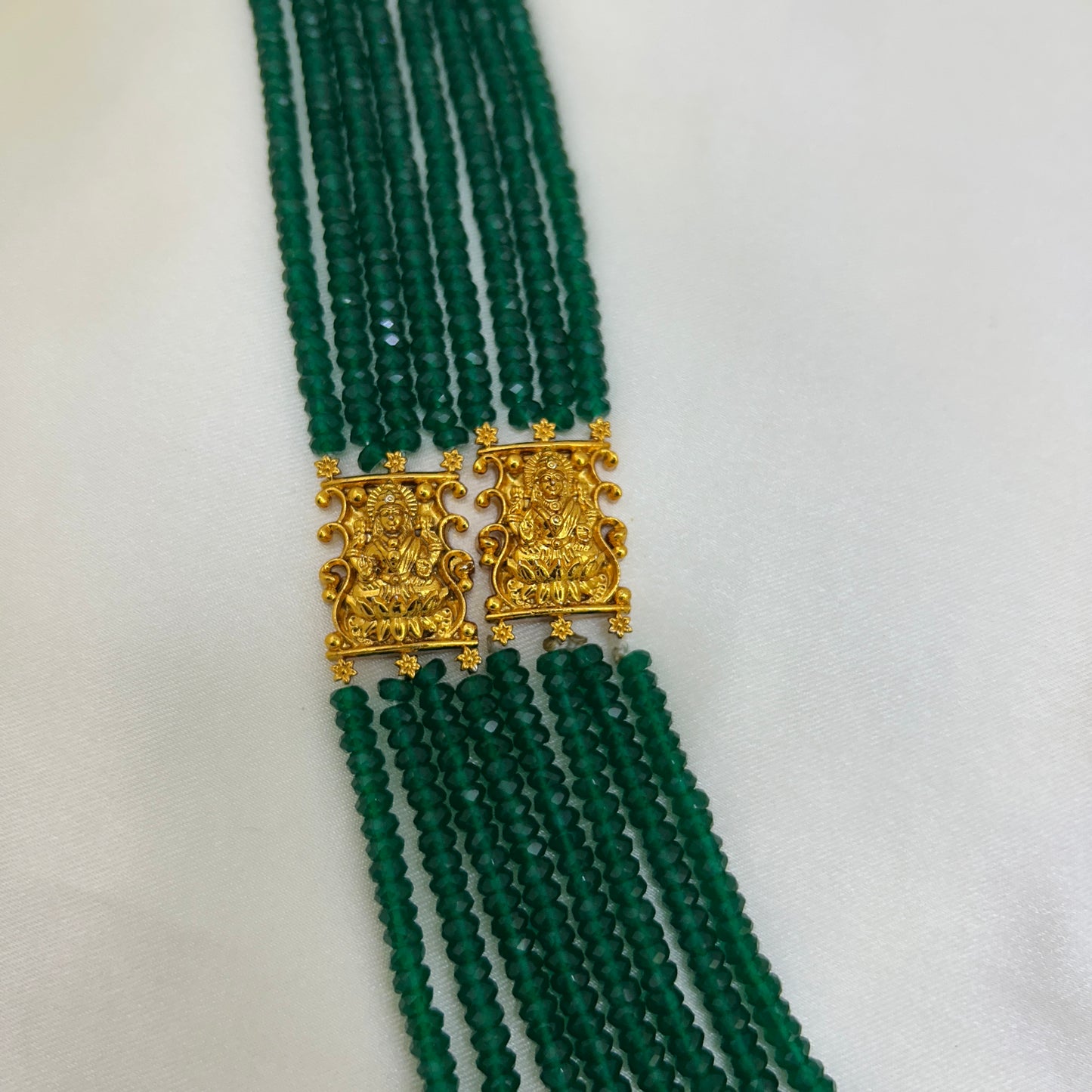 Long necklace with green semiprecious beads and Lakshmi pendants - 2