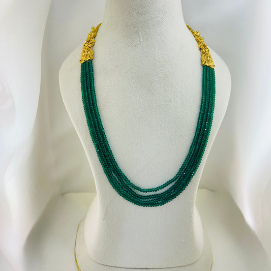 Dark Green Beaded Haara – Semi-Precious Necklace with Gold Accents