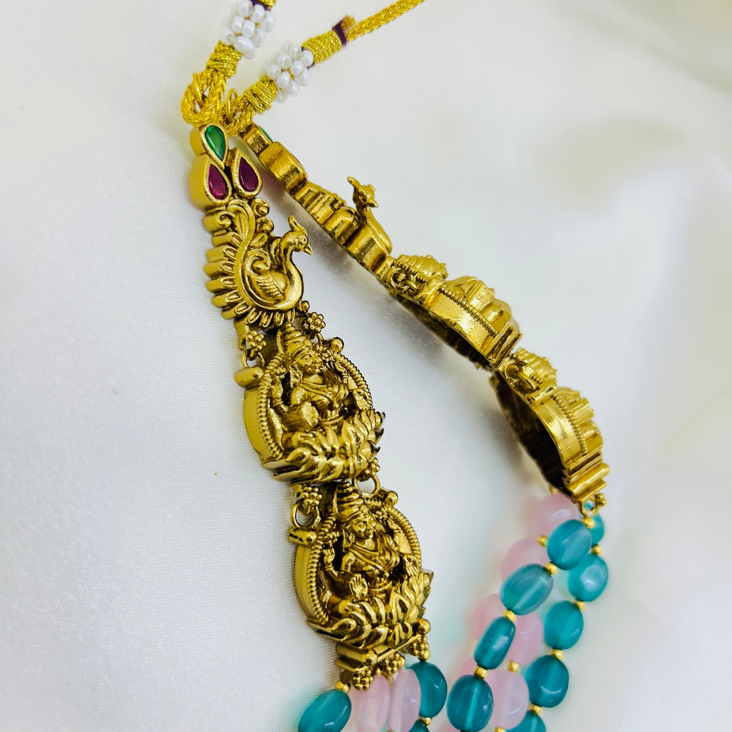 Peacock Green & Pink Four-Layer Semi-Precious Haara Set with Artistic Side Pendants