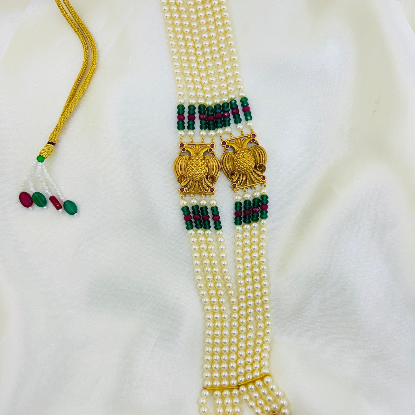 Swarovski Pearl & Gandaberunda Lakshmi Haara Set – Semi-Precious Beaded Long Necklace with Earrings