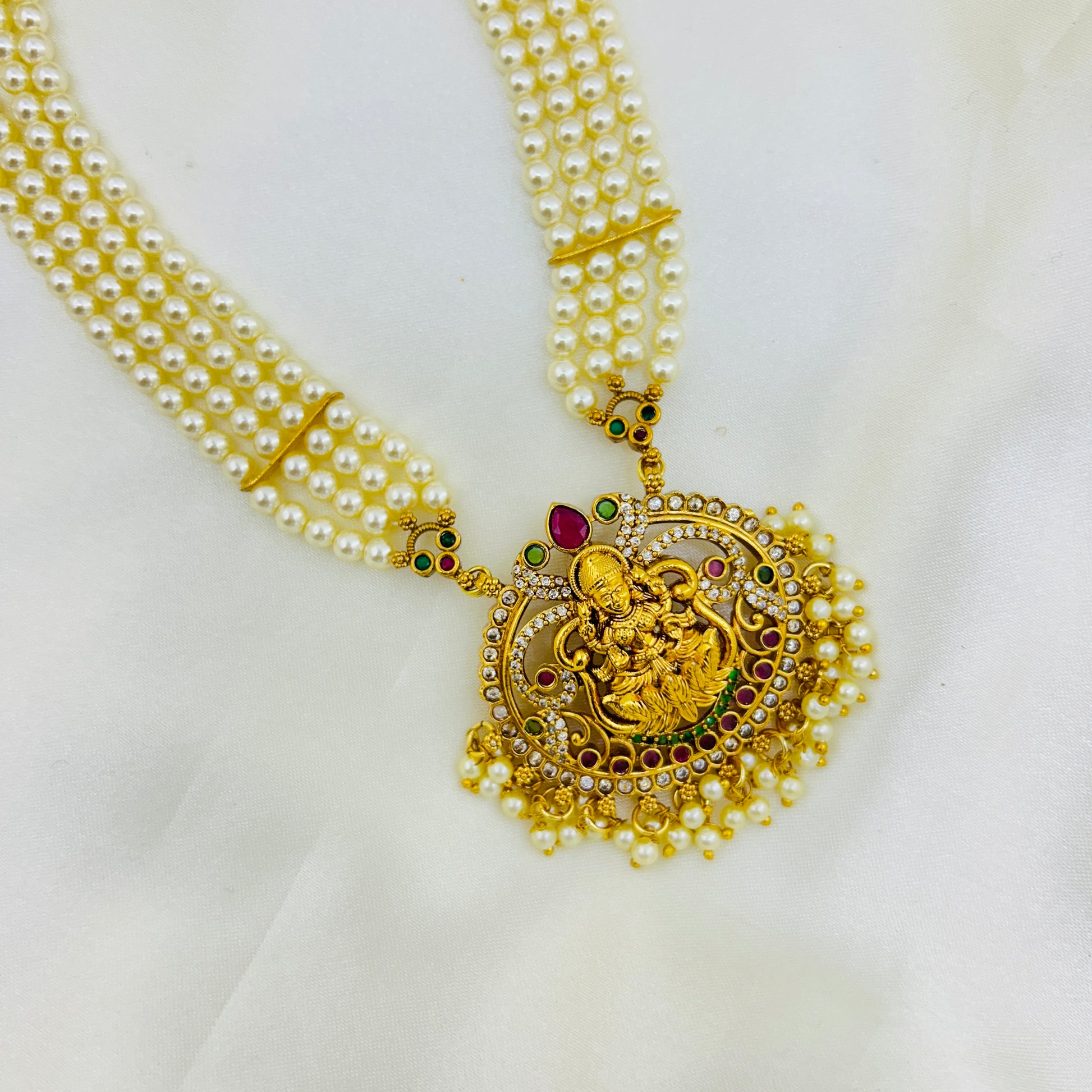 Swarovski Pearl & Gandaberunda Lakshmi Haara Set – Semi-Precious Beaded Long Necklace with Earrings