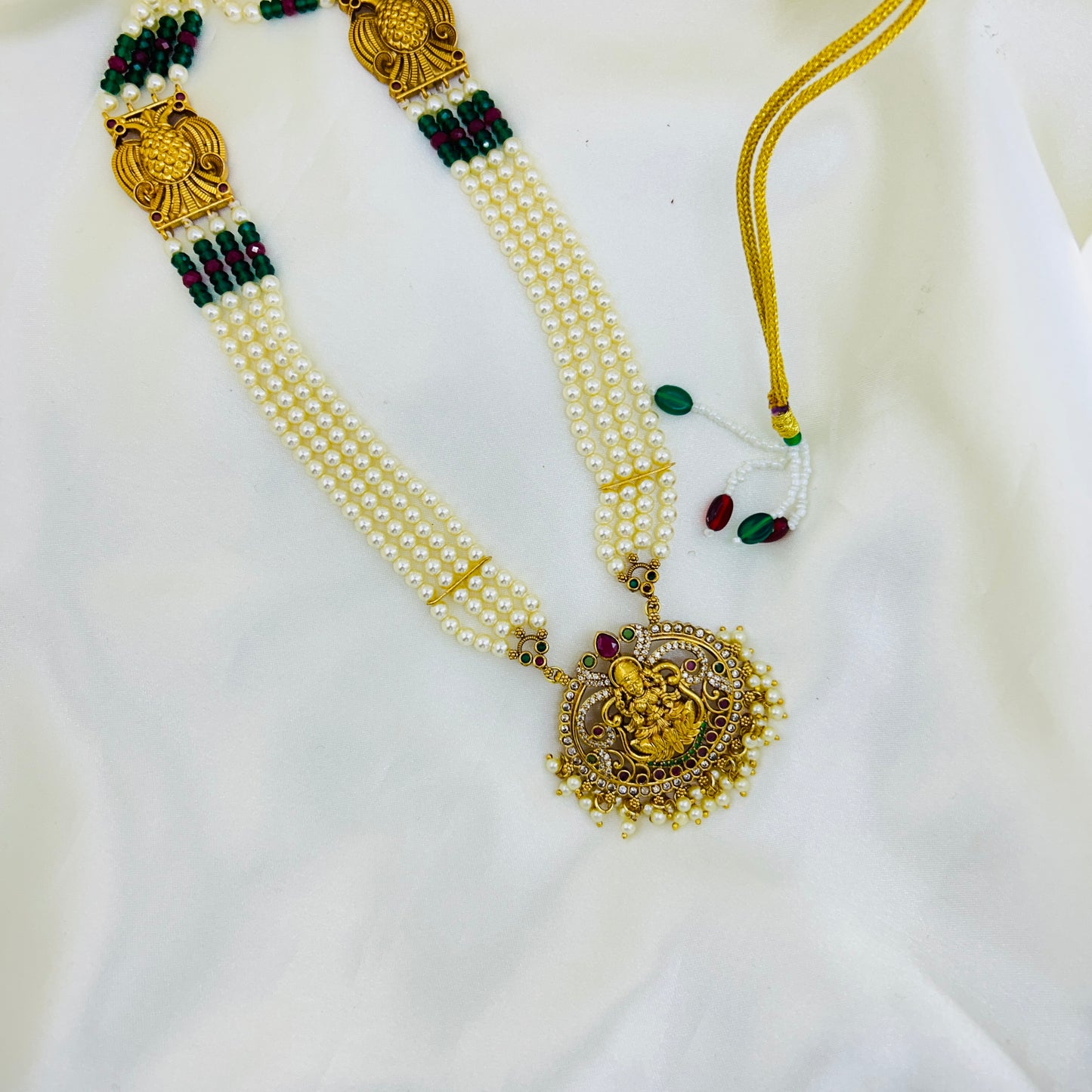 Swarovski Pearl & Gandaberunda Lakshmi Haara Set – Semi-Precious Beaded Long Necklace with Earrings