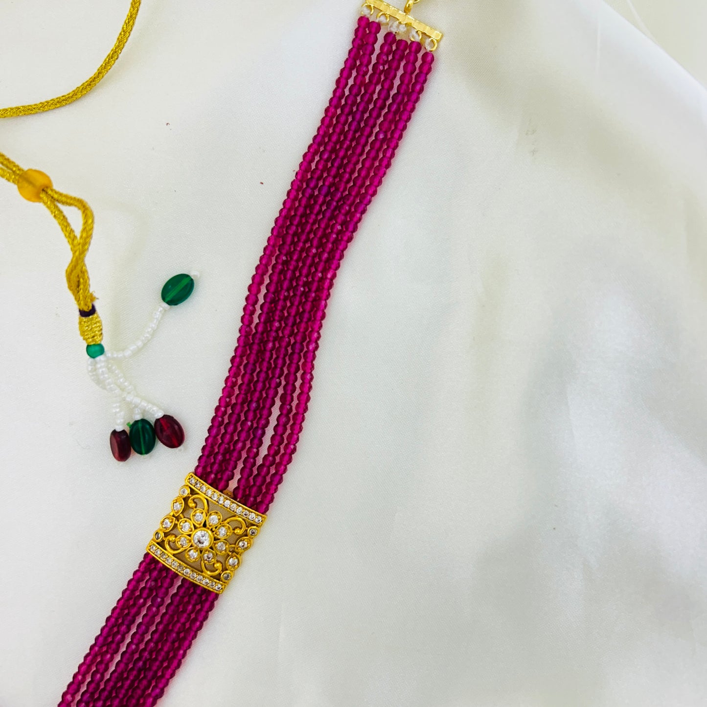 Pink Czech Crystal Choker – Victorian-Style White Stone Pendant