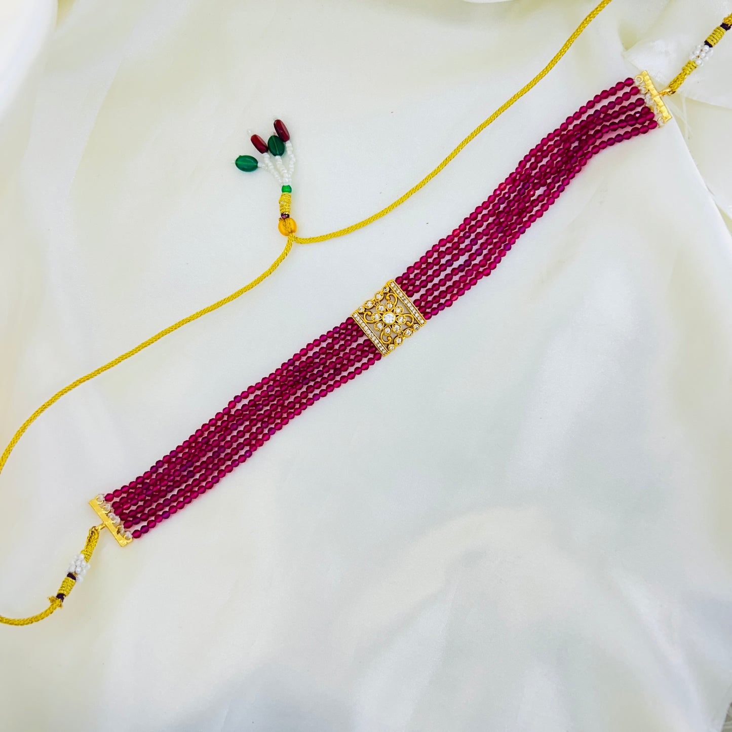 Pink Beaded Choker – Victorian-Style White Stone Pendant