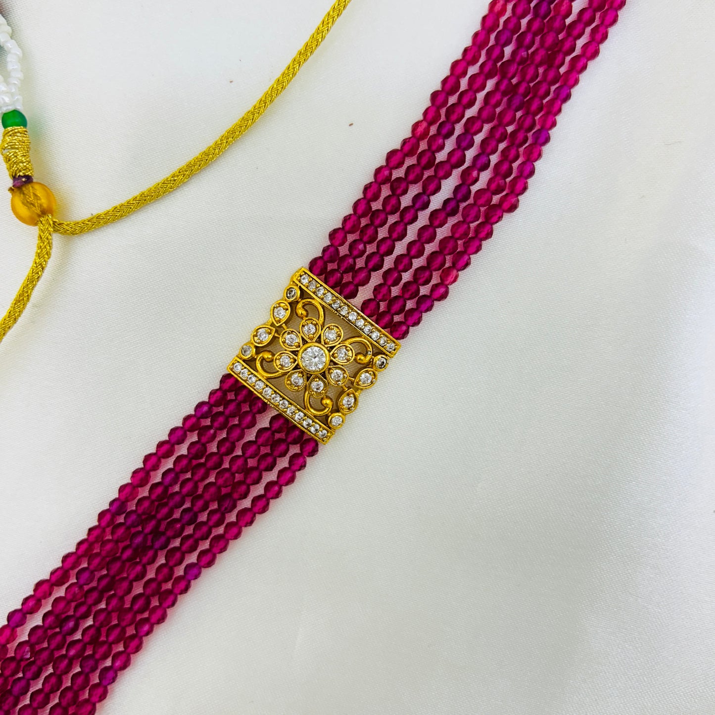 Pink Beaded Choker – Victorian-Style White Stone Pendant