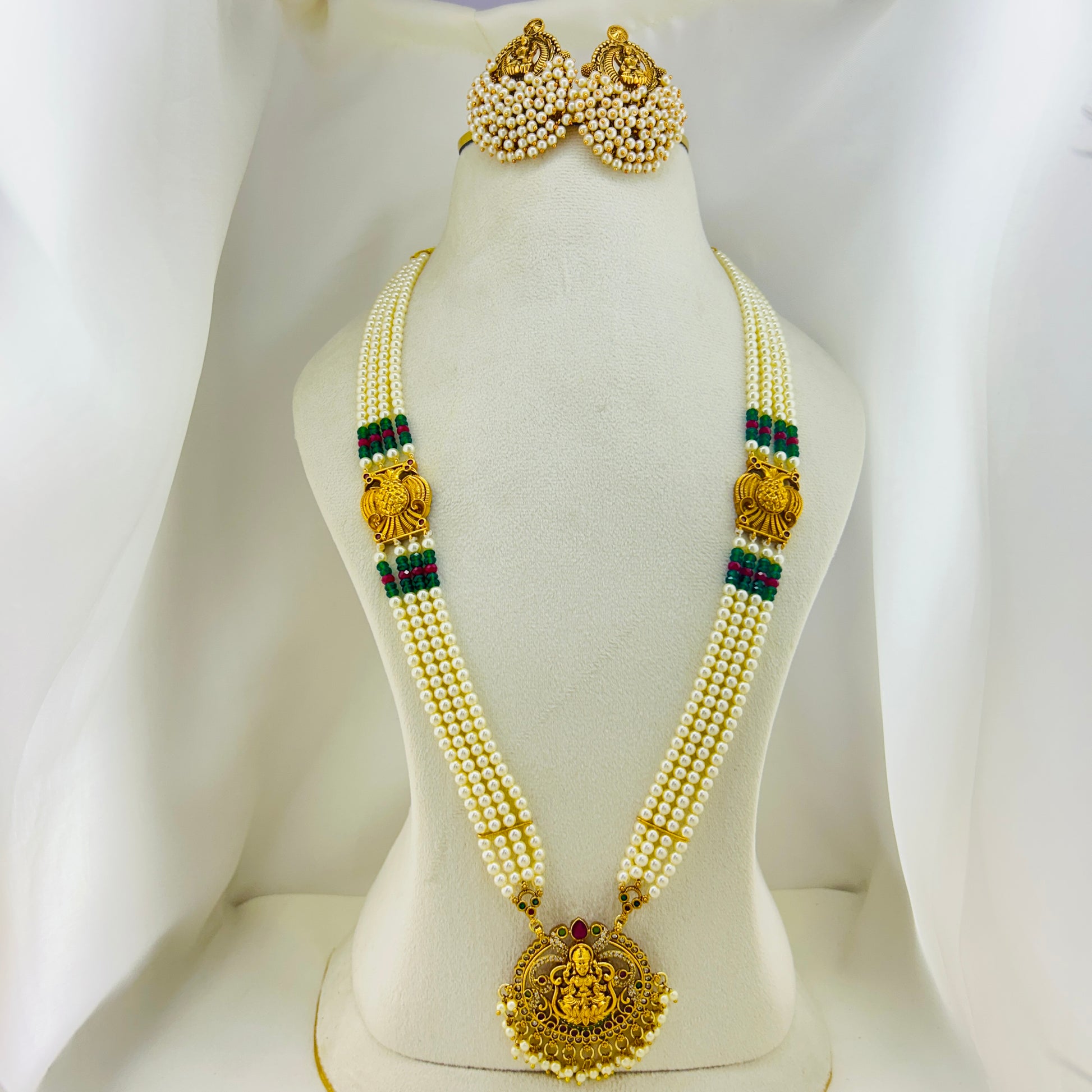 Swarovski Pearl & Gandaberunda Lakshmi Haara Set – Semi-Precious Beaded Long Necklace with Earrings
