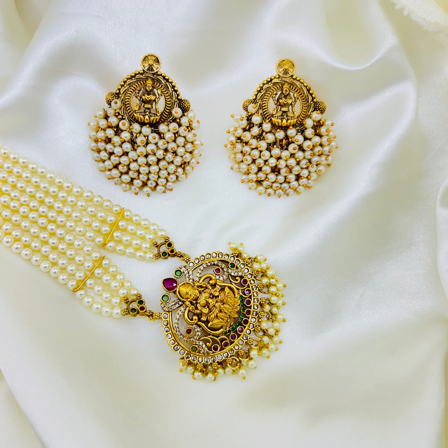 Swarovski Pearl & Gandaberunda Lakshmi Haara Set – Semi-Precious Beaded Long Necklace with Earrings