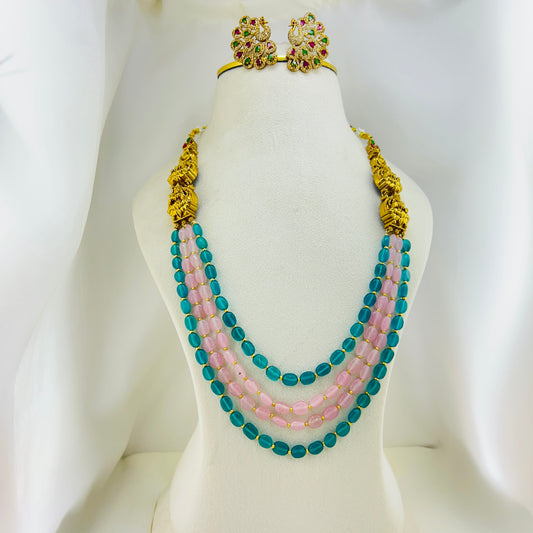 Peacock Green & Pink Four-Layer Semi-Precious Haara Set with Artistic Side Pendants
