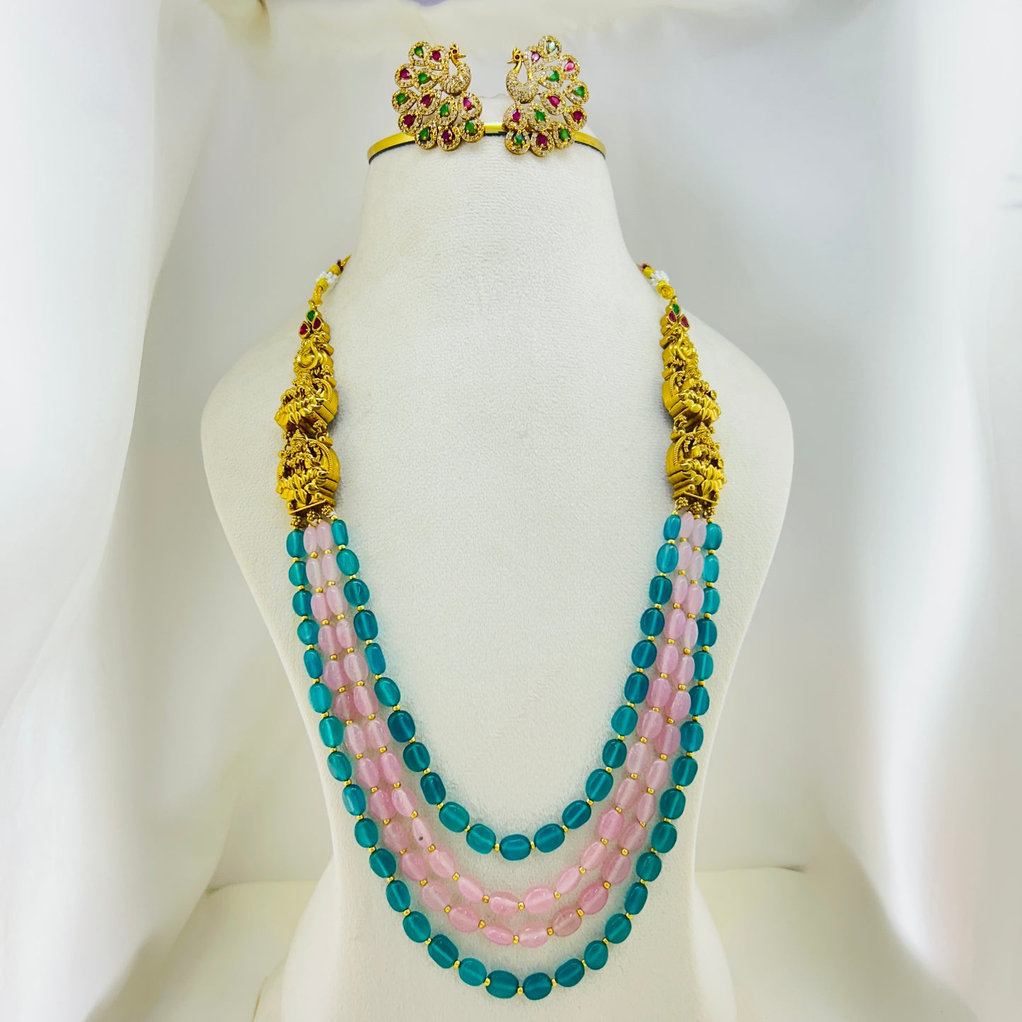 Peacock Green & Pink Four-Layer Semi-Precious Haara Set with Artistic Side Pendants