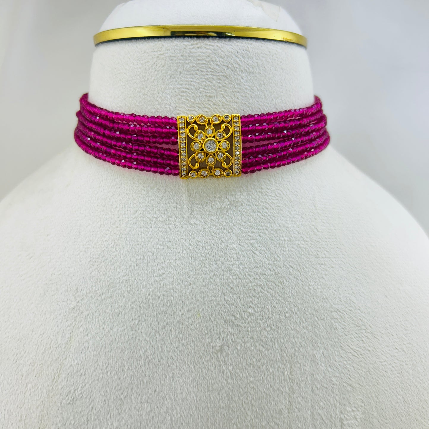 Pink Czech Crystal Choker – Victorian-Style White Stone Pendant