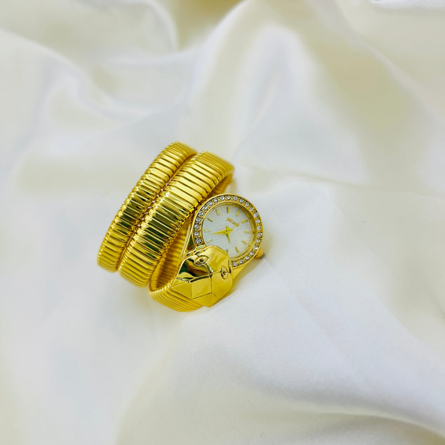Snake Head Detail Watch with White Dial & Stone-Studded Bezel | Gold Accent Timepiece