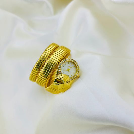 Snake Head Detail Watch with White Dial & Stone-Studded Bezel | Gold Accent Timepiece