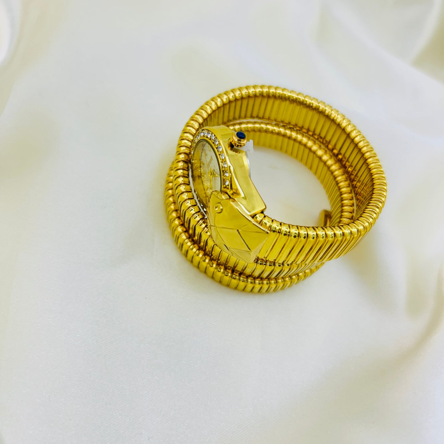 Snake Head Detail Watch with White Dial & Stone-Studded Bezel | Gold Accent Timepiece