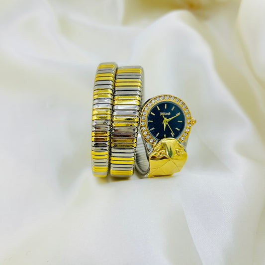 Dual-Tone Snake Bezel Watch with Black Dial & Crystal Detailing