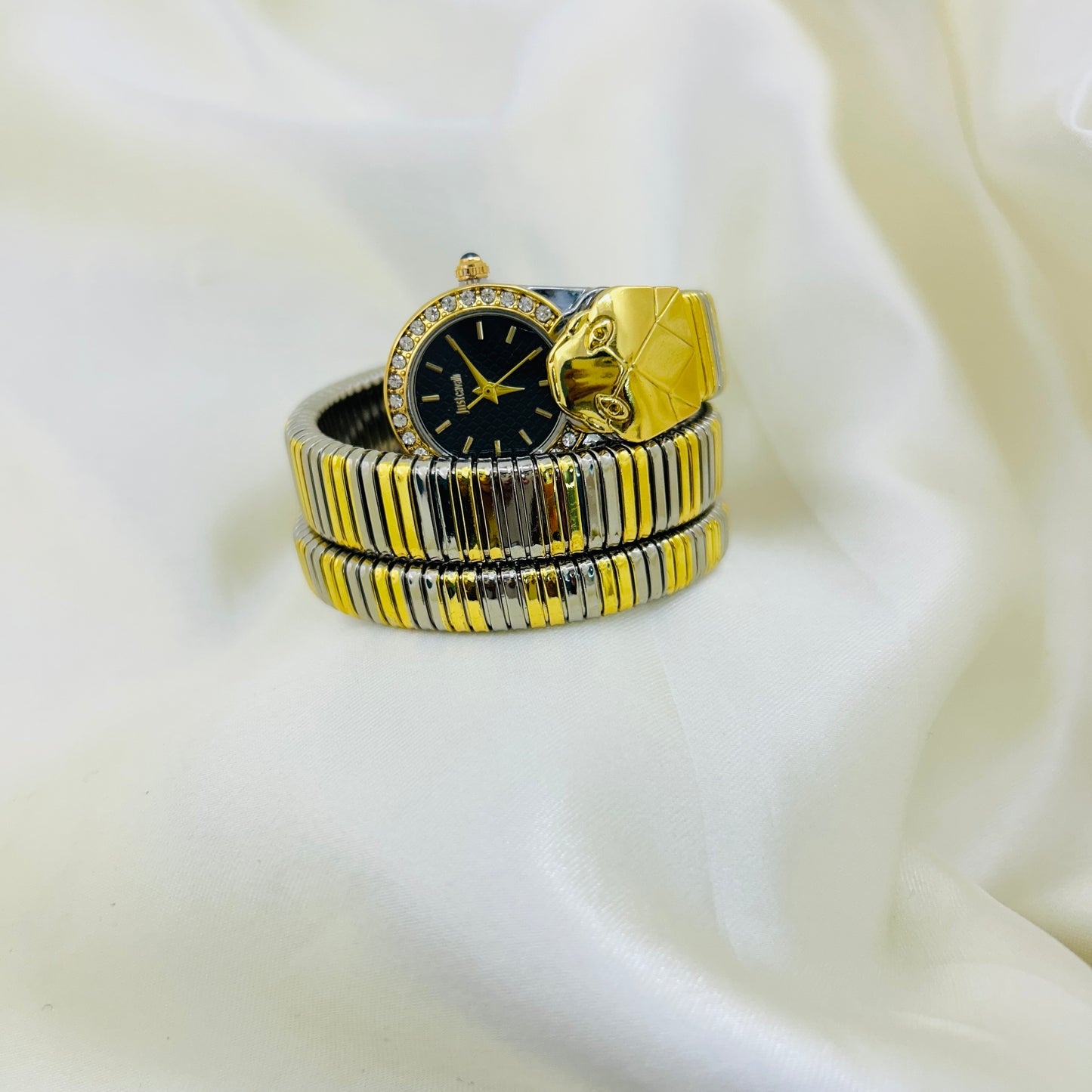 Dual-Tone Snake Bezel Watch with Black Dial & Crystal Detailing