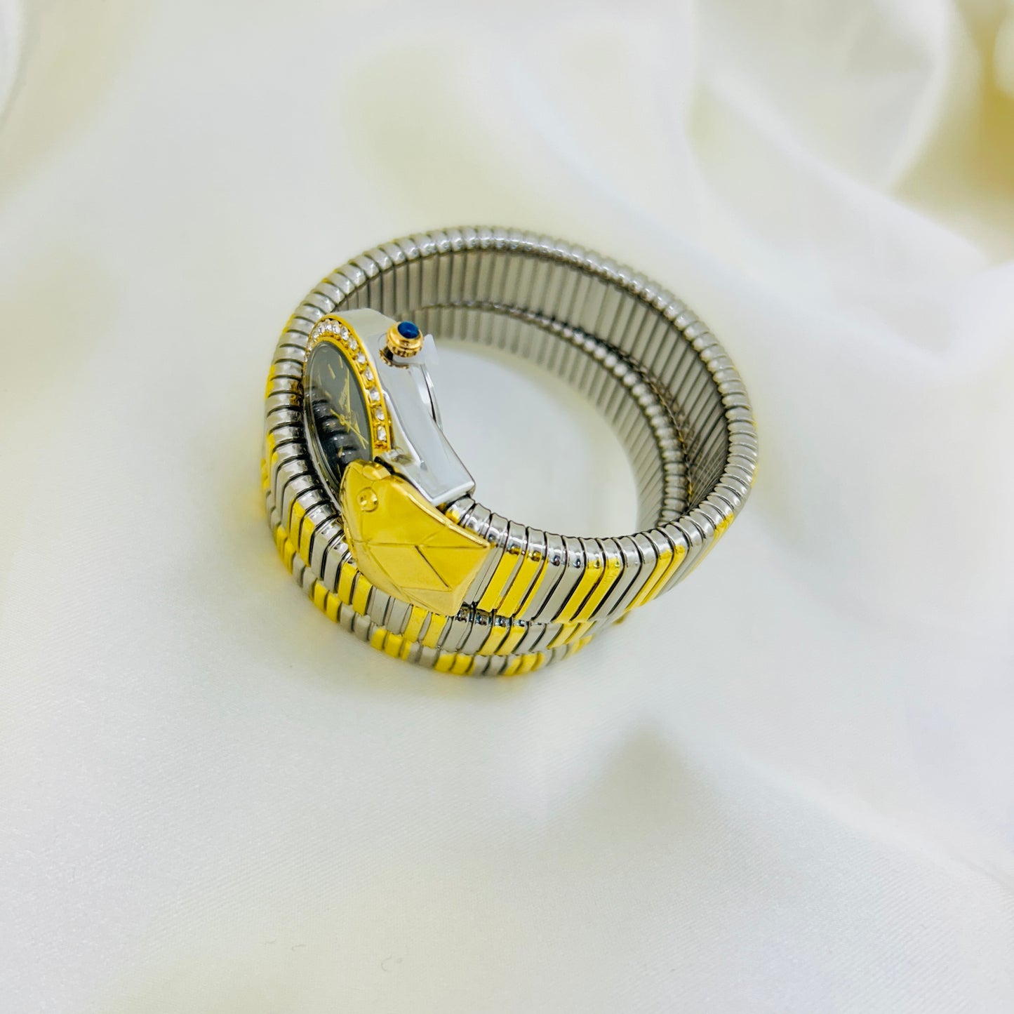 Dual-Tone Snake Bezel Watch with Black Dial & Crystal Detailing