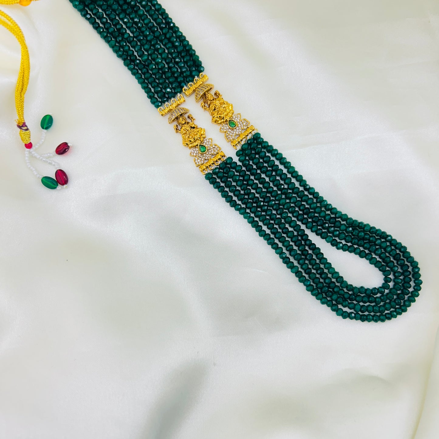 DARK GREEN ONYX TEMPLE HAARA – 4 LAYERS WITH LAKSHMI SIDE MOPES