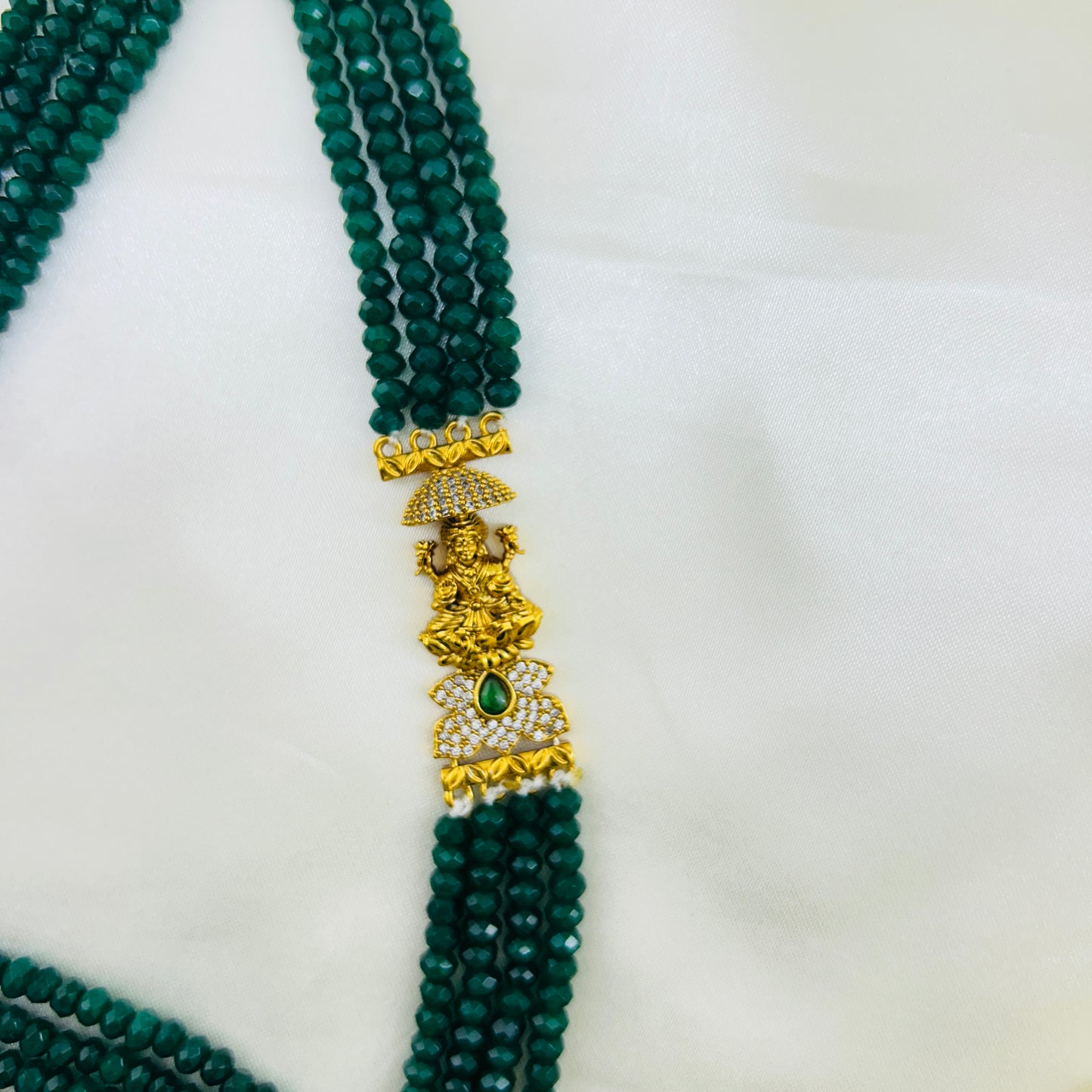 DARK GREEN ONYX TEMPLE HAARA – 4 LAYERS WITH LAKSHMI SIDE MOPES