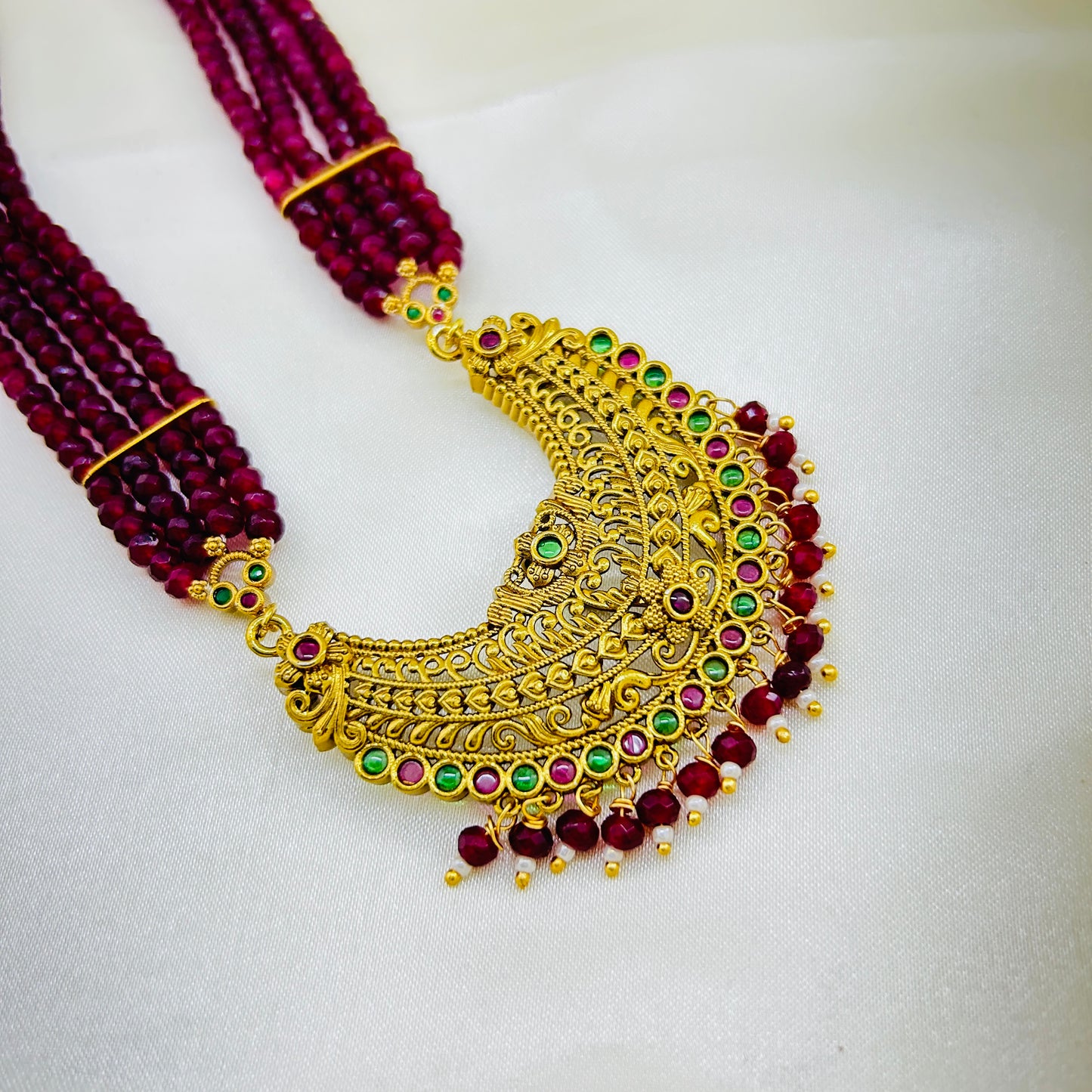 PINK ONYX TEMPLE HAARA – 4 LAYERS WITH BALAJI MOPES & CRESCENT PENDANT