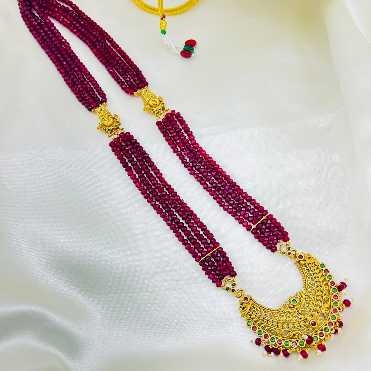 PINK ONYX TEMPLE HAARA – 4 LAYERS WITH BALAJI MOPES & CRESCENT PENDANT