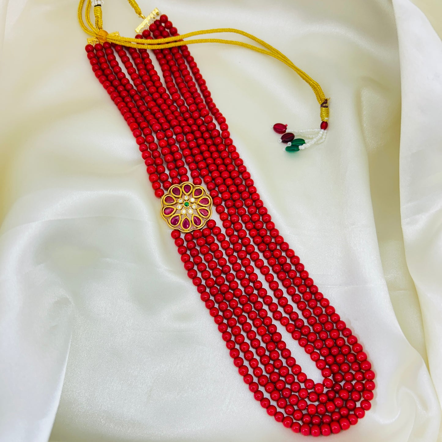 FIVE LAYER CORAL HAARA WITH SIDE PENDANT – CHANDBALI EARRINGS SET