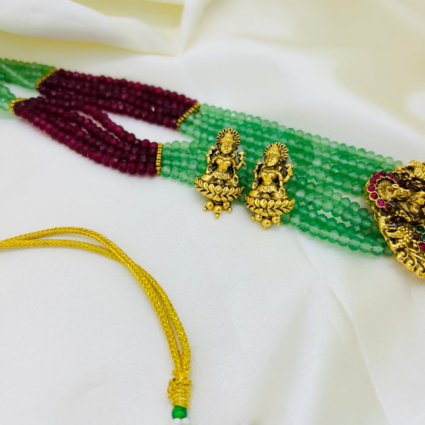 FOUR LAYER ONYX HAARA SET – PINK & SEA GREEN WITH LAKSHMI PENDANT