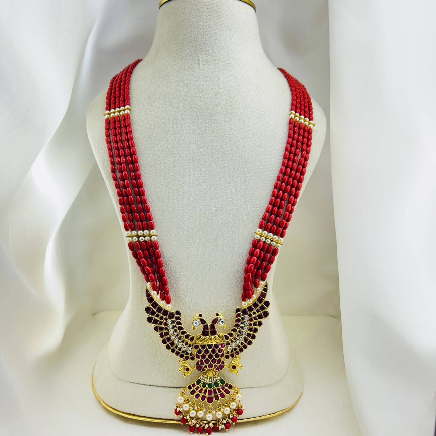 Royal Extra-Long Coral Haara with Gandaberunda Jadau-Kundan Pendant