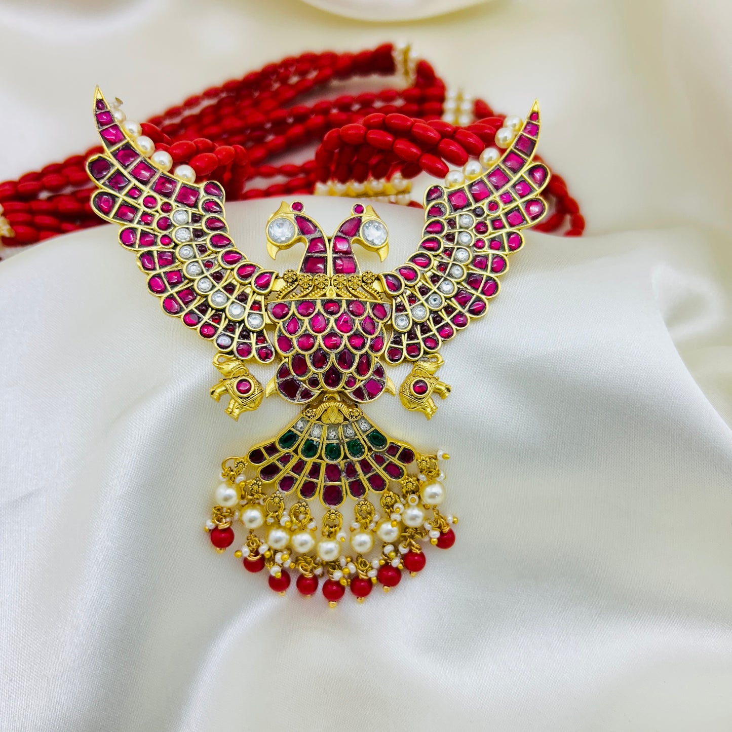 Royal Extra-Long Coral Haara with Gandaberunda Jadau-Kundan Pendant