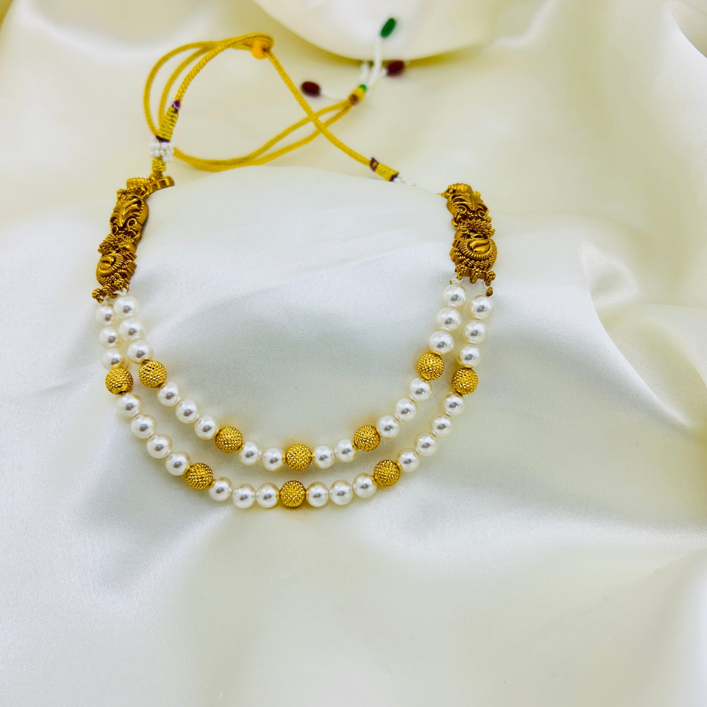 Swarovski Pearl Layered Necklace Set with One Gram Gold Side Motifs (2-Piece Set)