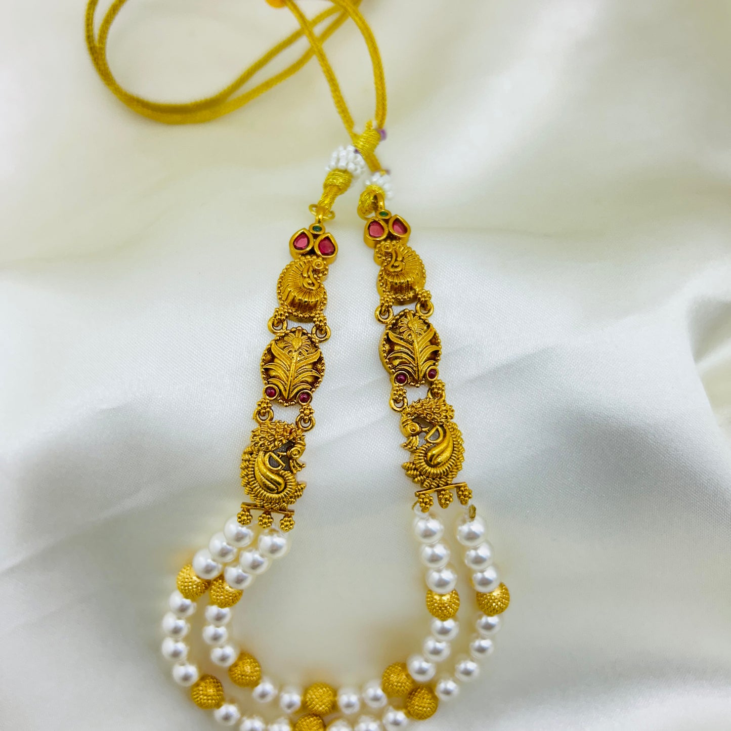 Swarovski Pearl Layered Necklace Set with One Gram Gold Side Motifs (2-Piece Set)