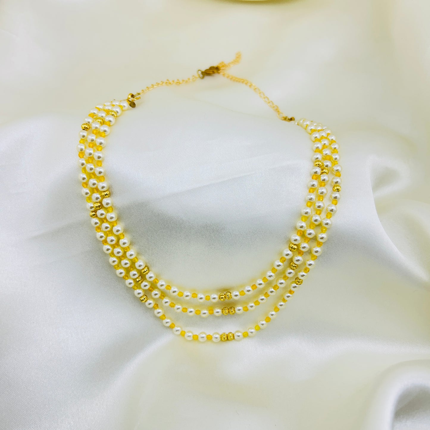 Triple Layer Swarovski Pearl Short Necklace with Gold Gundus