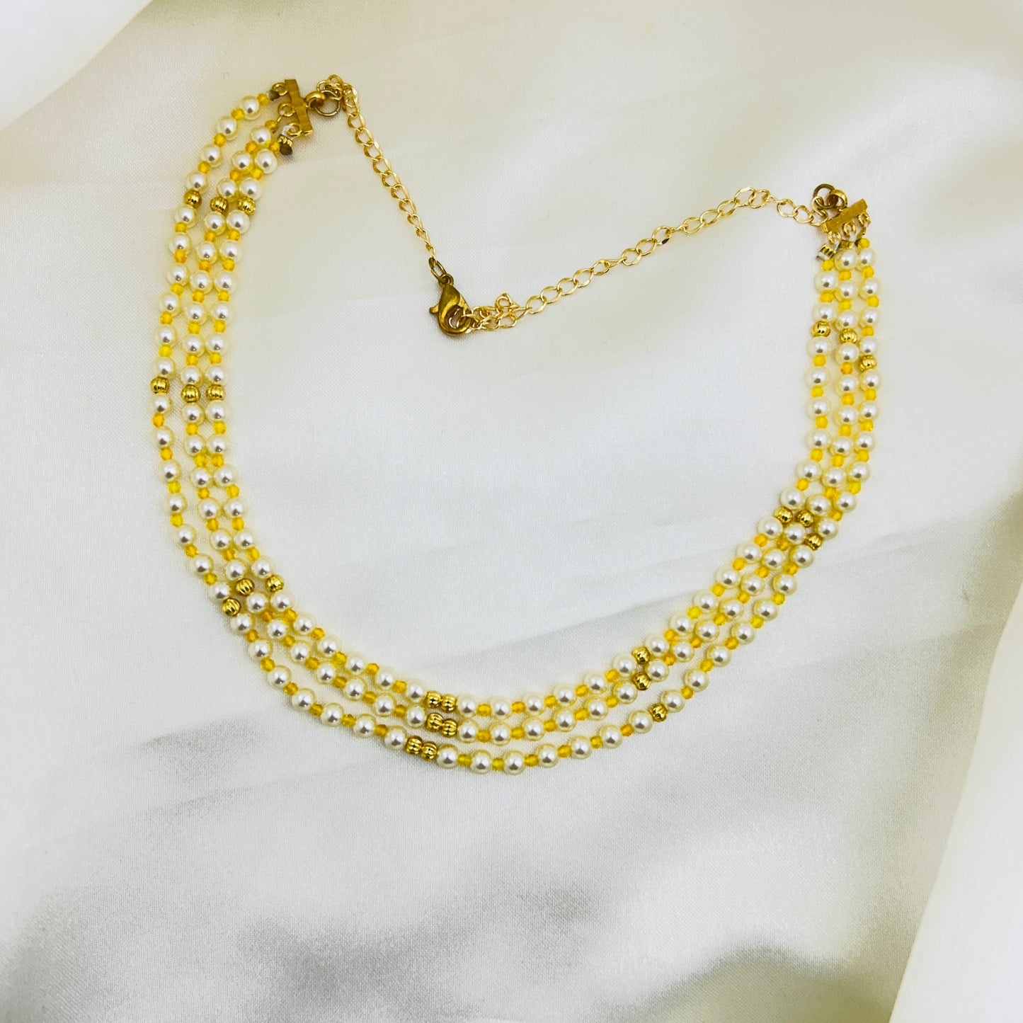 Triple Layer Swarovski Pearl Short Necklace with Gold Gundus