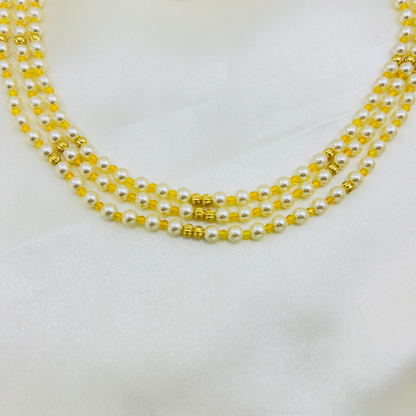 Triple Layer Swarovski Pearl Short Necklace with Gold Gundus