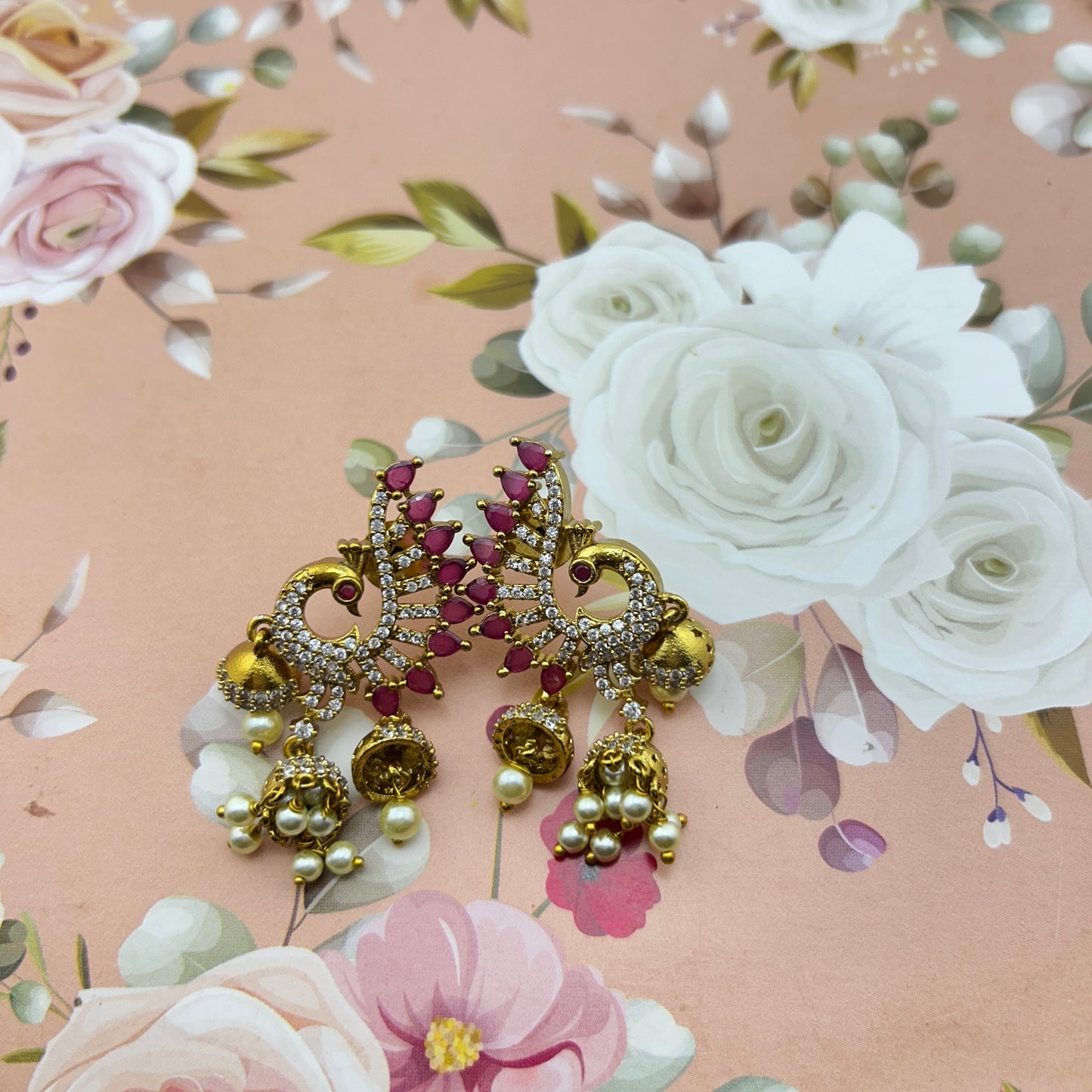 Peacock AD stone earrings with pearl jumkas