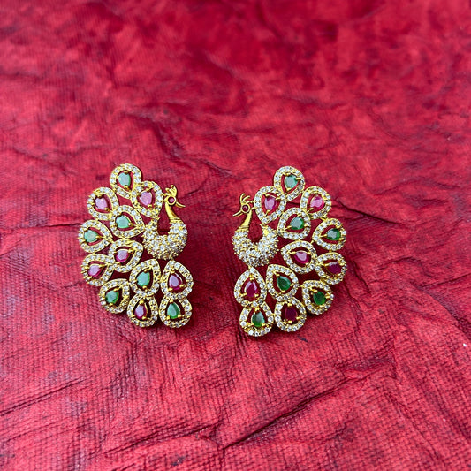 Peacock elegance statement stud - pink and green stones