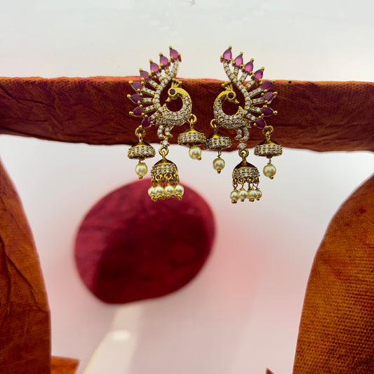Peacock AD stone earrings with pearl jumkas