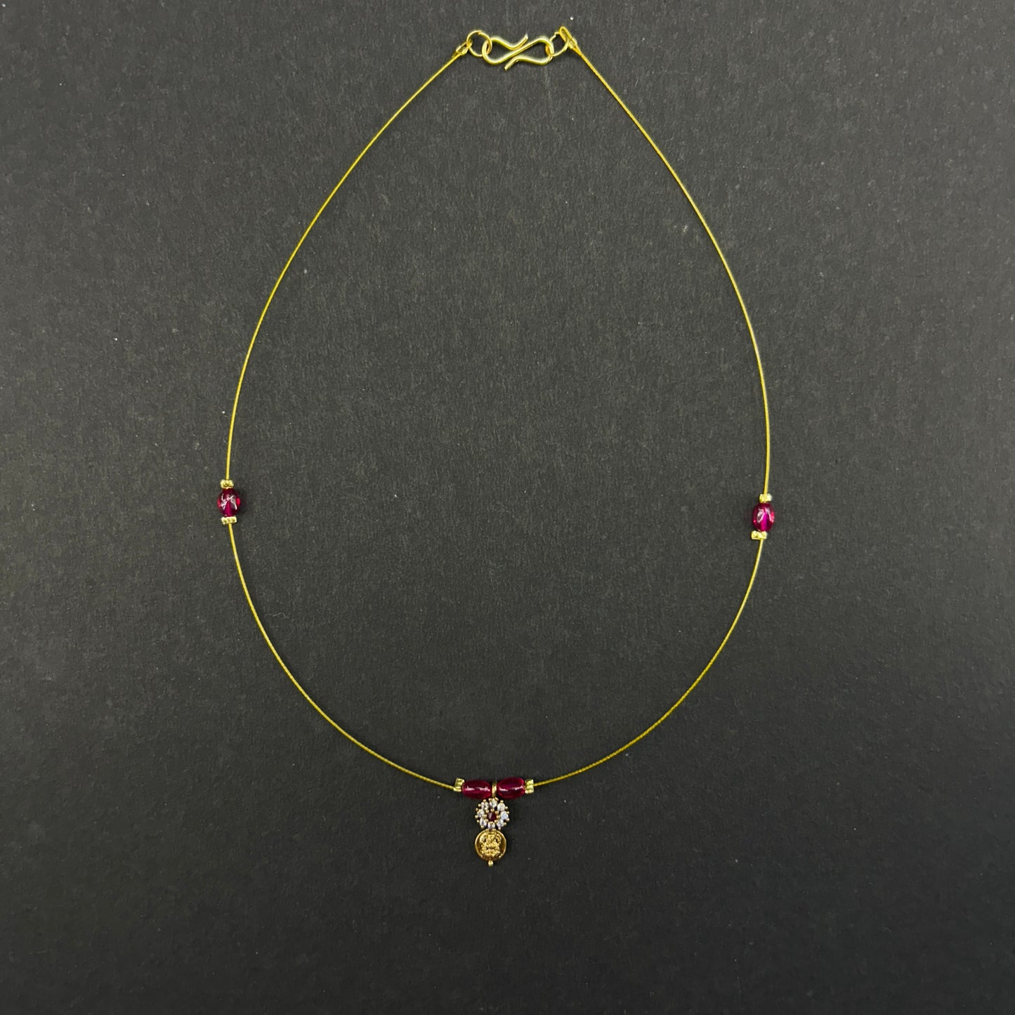 Traditional Lakshmi kasu with ruby beads - invisible chain