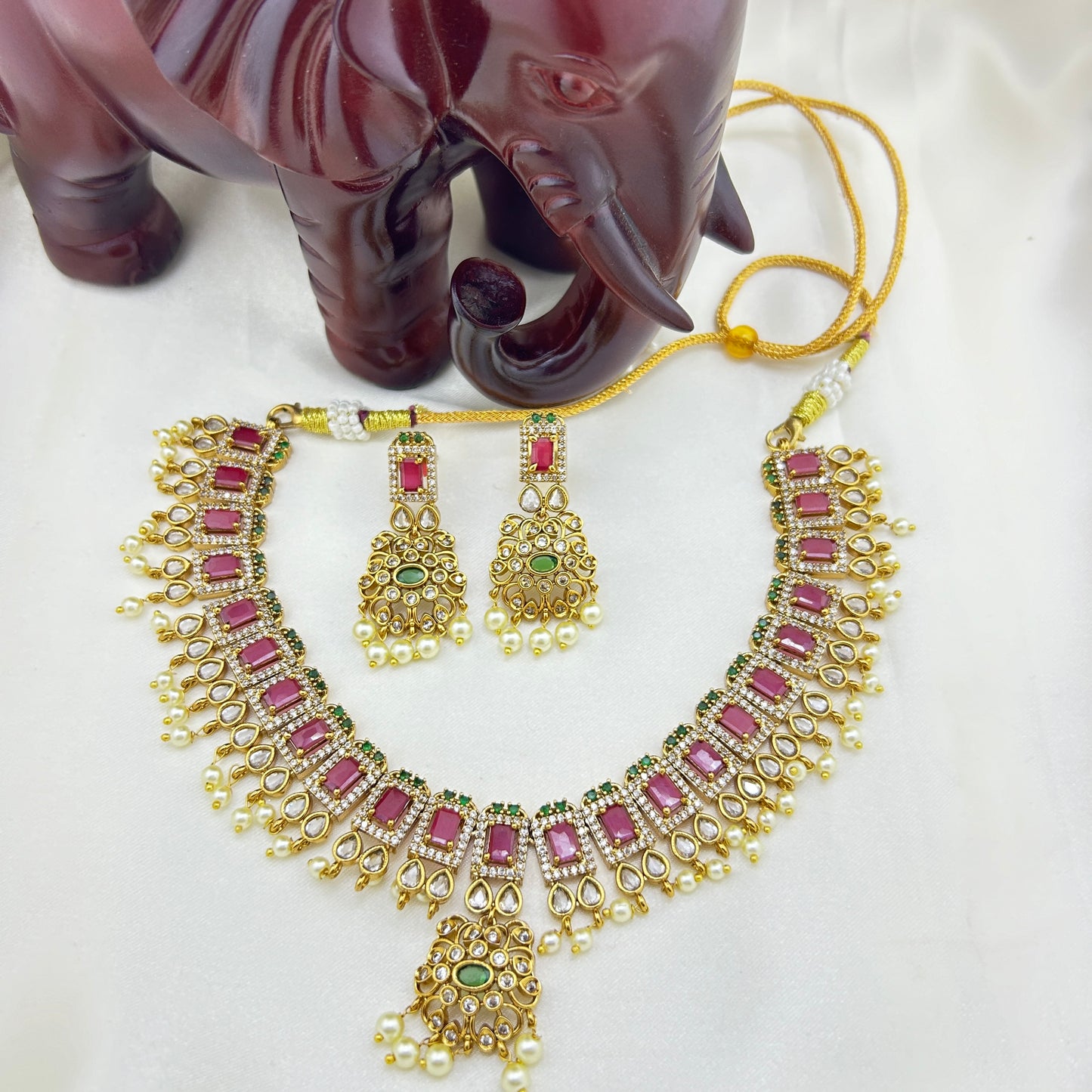 Victorian bridal set with AD-ruby stones- Short and long necklaces with earrings