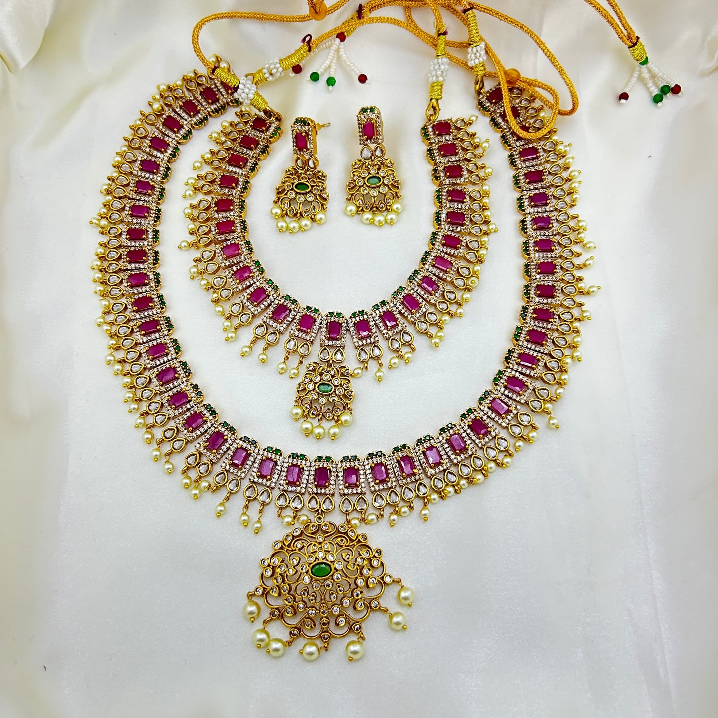 Victorian bridal set with AD-ruby stones- Short and long necklaces with earrings