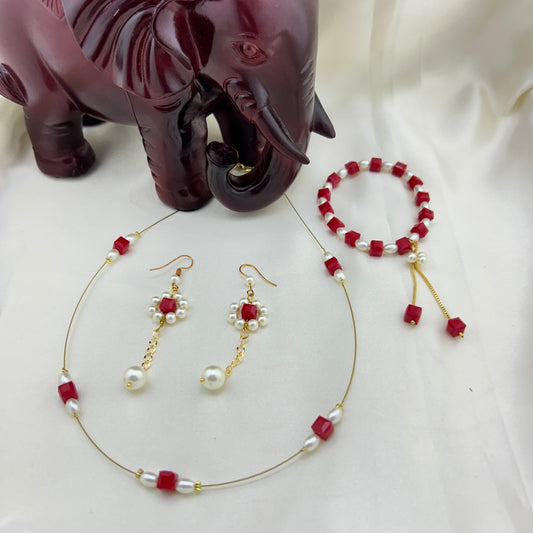 Pearl and red cuboid beads - invisible chain set with earrings and bracelet