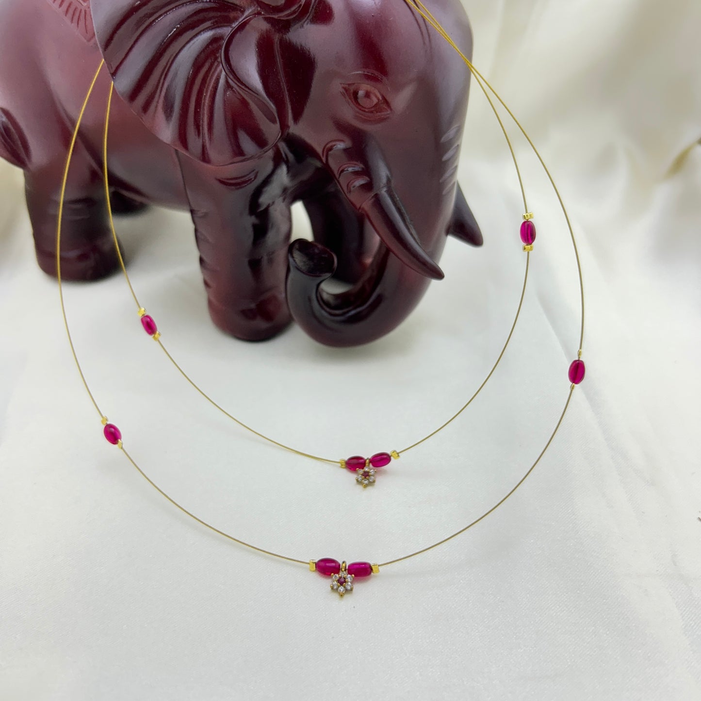 Pink flower pendant with ruby beaded 2-layer invisible chain