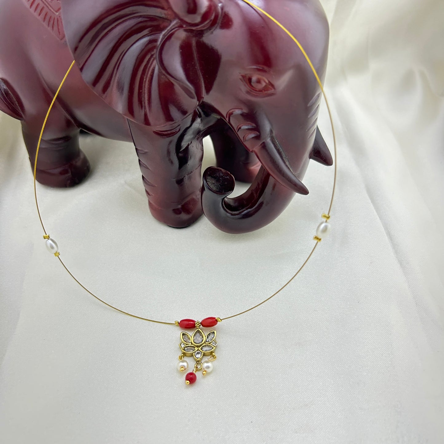 Coral and pearl lotus pendant invisible chain