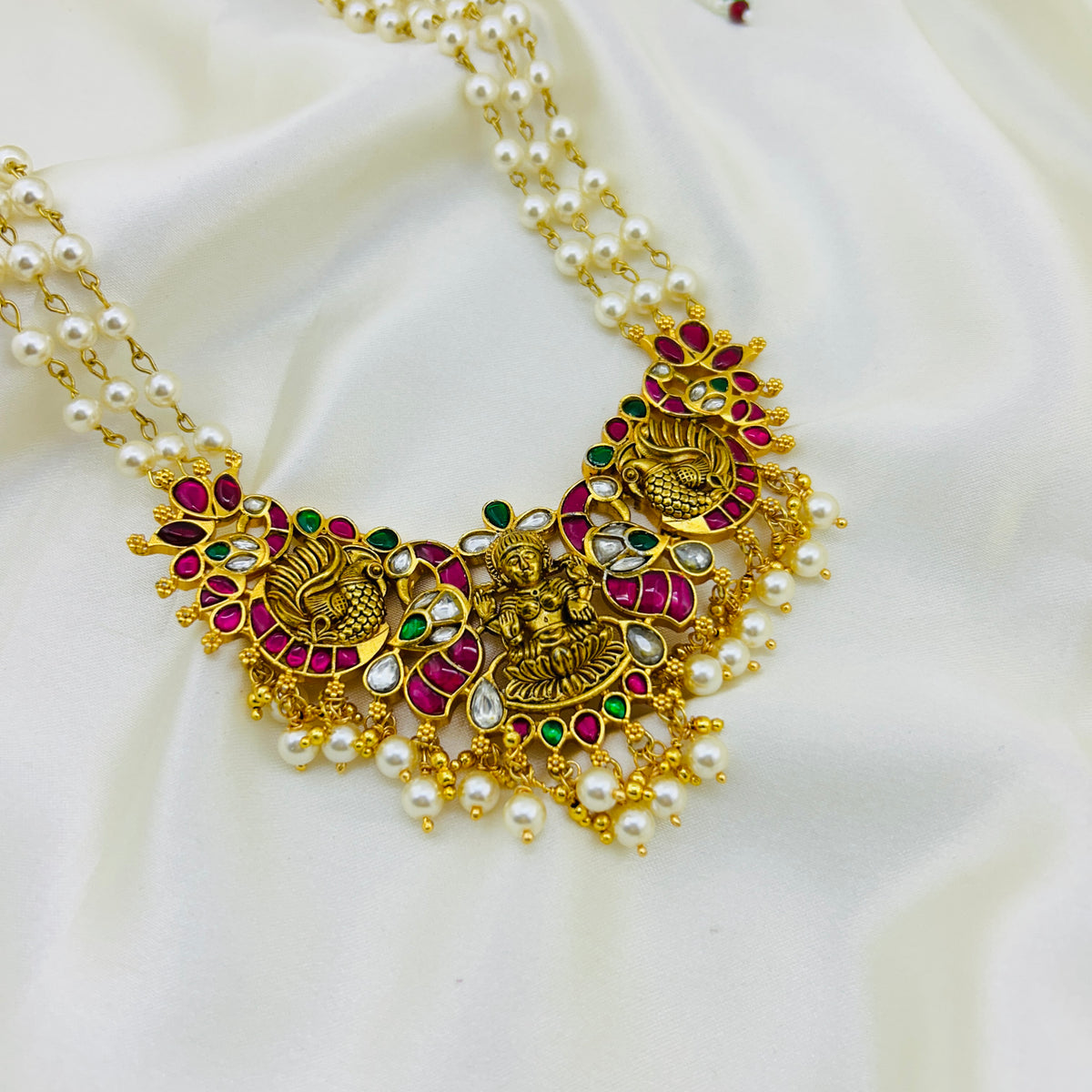 Lakshmi Jadau Pearl Necklace Set – Three Layer Twisted Pearl Haara with Lakshmi Earrings