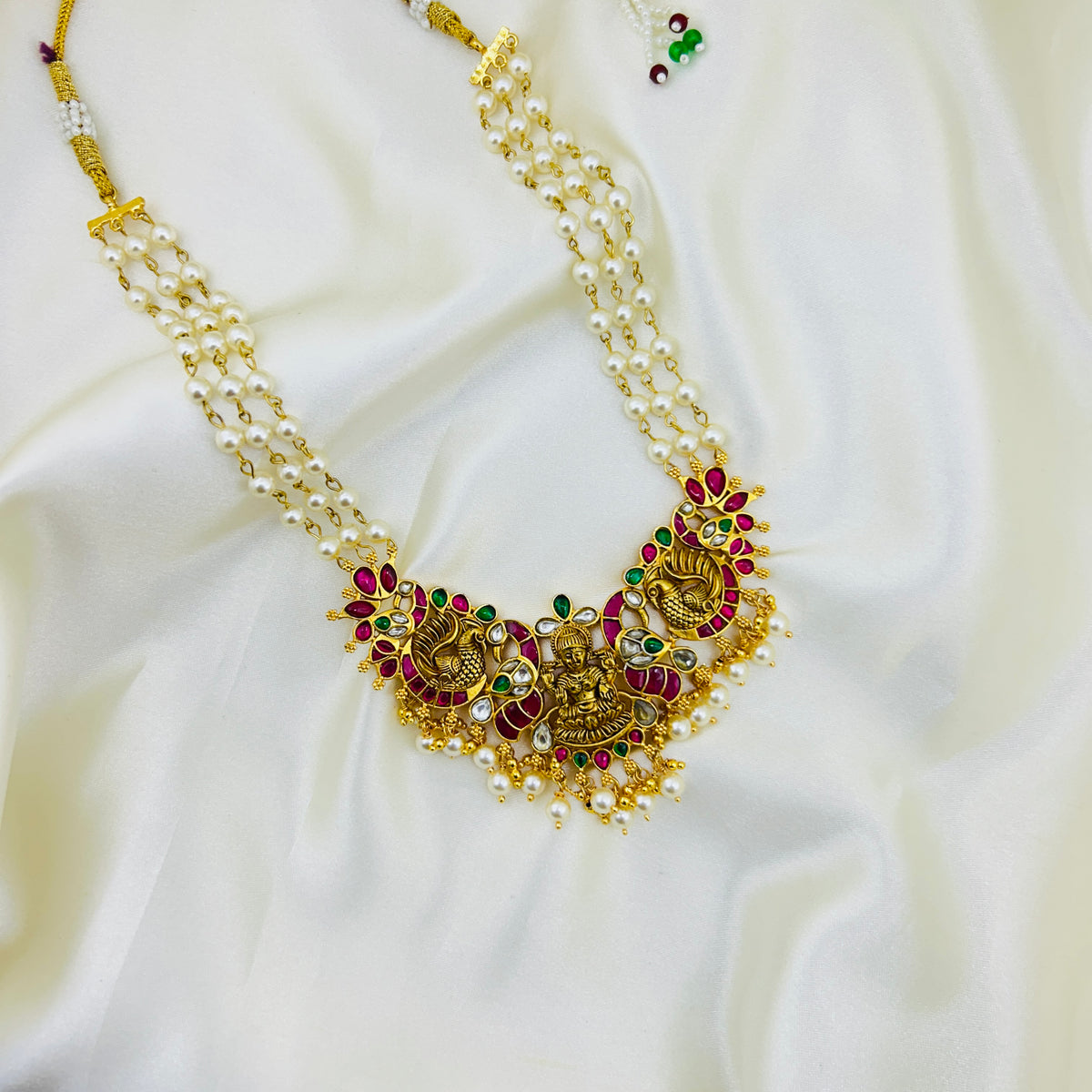 Lakshmi Jadau Pearl Necklace Set – Three Layer Twisted Pearl Haara with Lakshmi Earrings