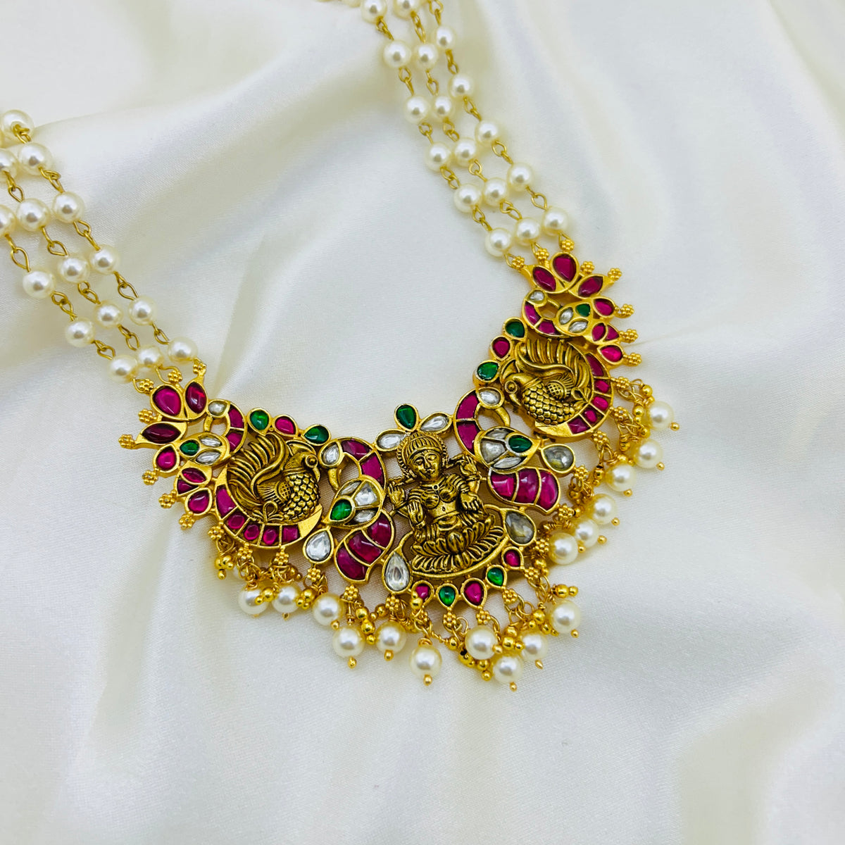 Lakshmi Jadau Pearl Necklace Set – Three Layer Twisted Pearl Haara with Lakshmi Earrings