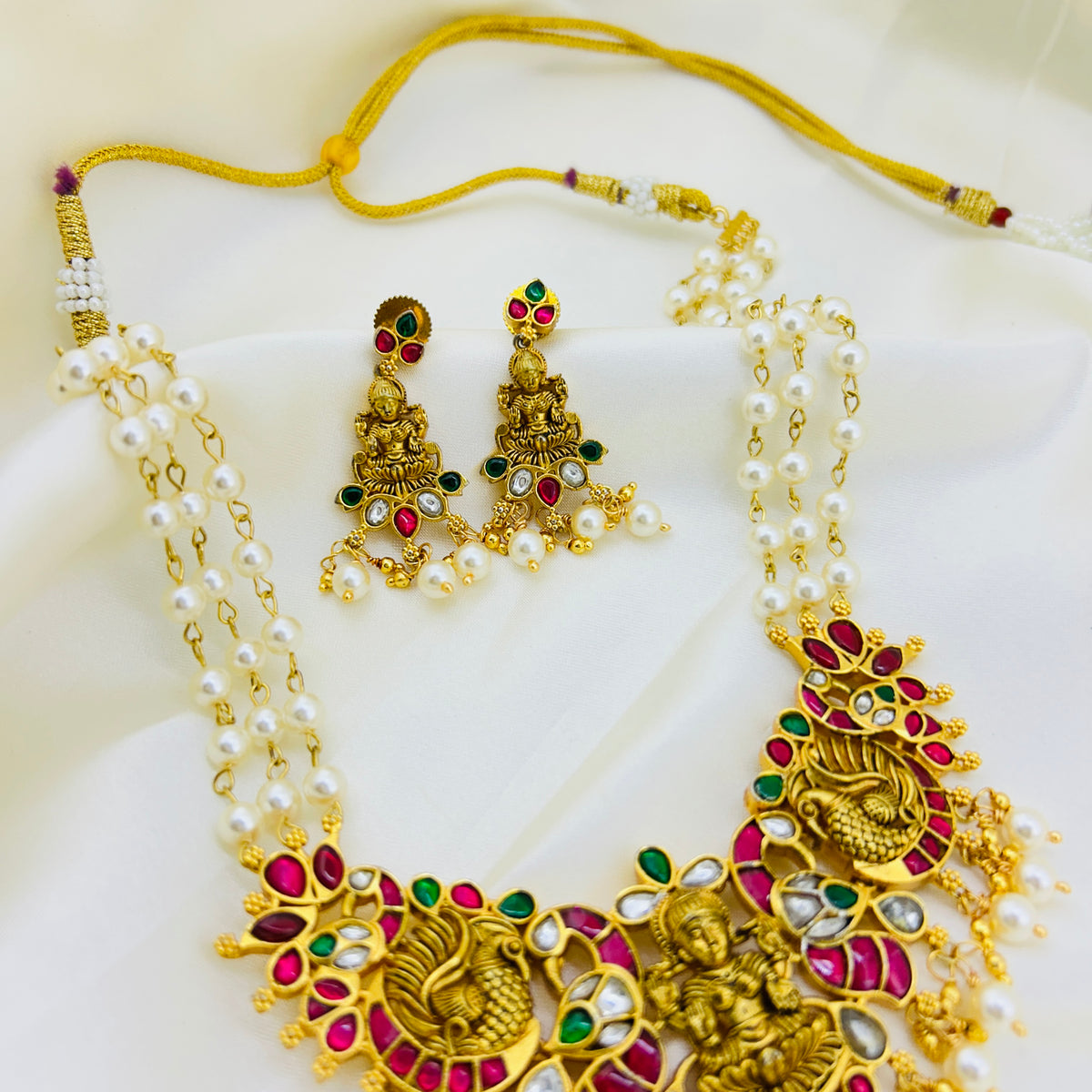 Lakshmi Jadau Pearl Necklace Set – Three Layer Twisted Pearl Haara with Lakshmi Earrings